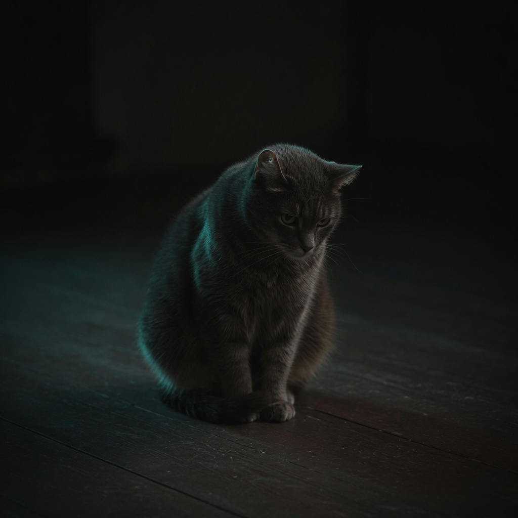 A grey cat sitting in a dark room, looking down.